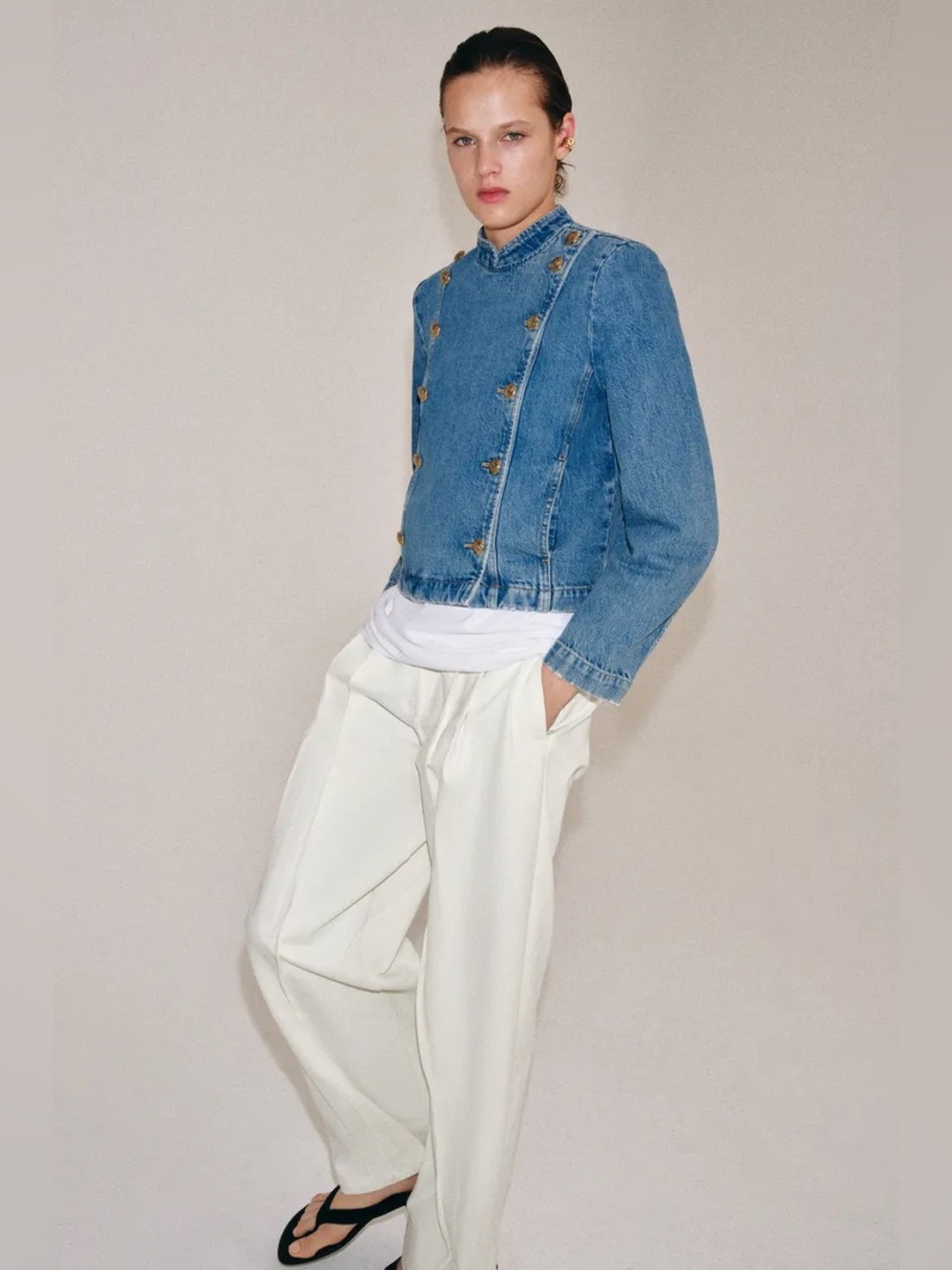 Zara Blue Double-Breasted Denim Jacket with Gold Buttons, padded shoulders. POP